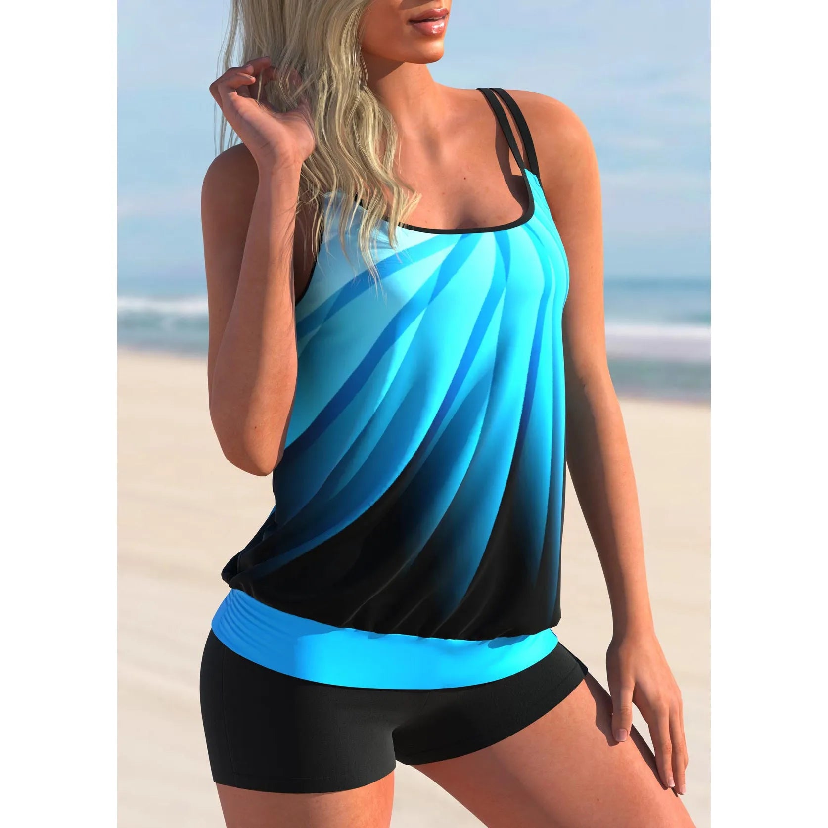 Plus size women's printed swimsuit set with strap top and beach shorts in butterfly pattern