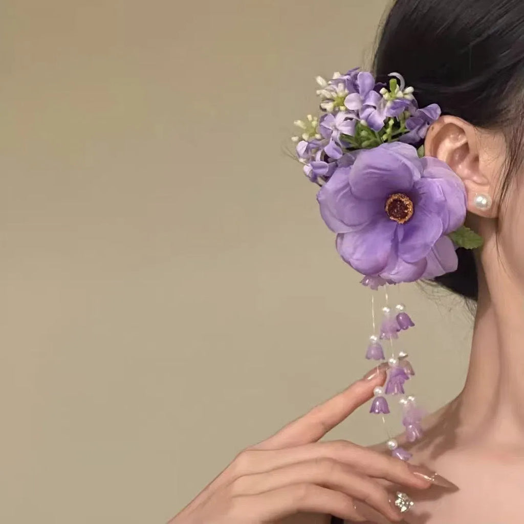 Yellow or purple tassel hair clip with flower decoration and mixed materials