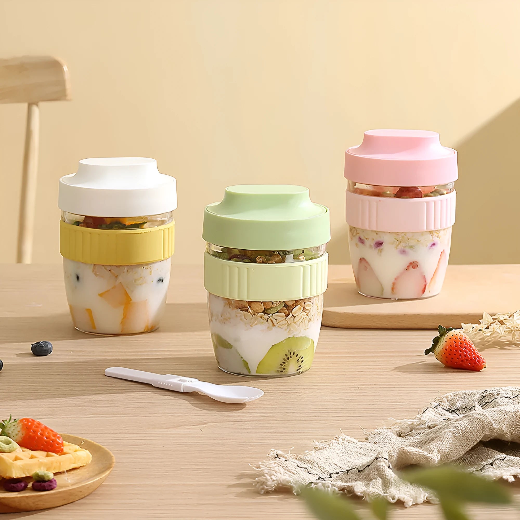 Breakfast oat cup with lid and spoon, leak-proof plastic salad cup in 480ML and 570ML, PP material, colour options green pink purple white