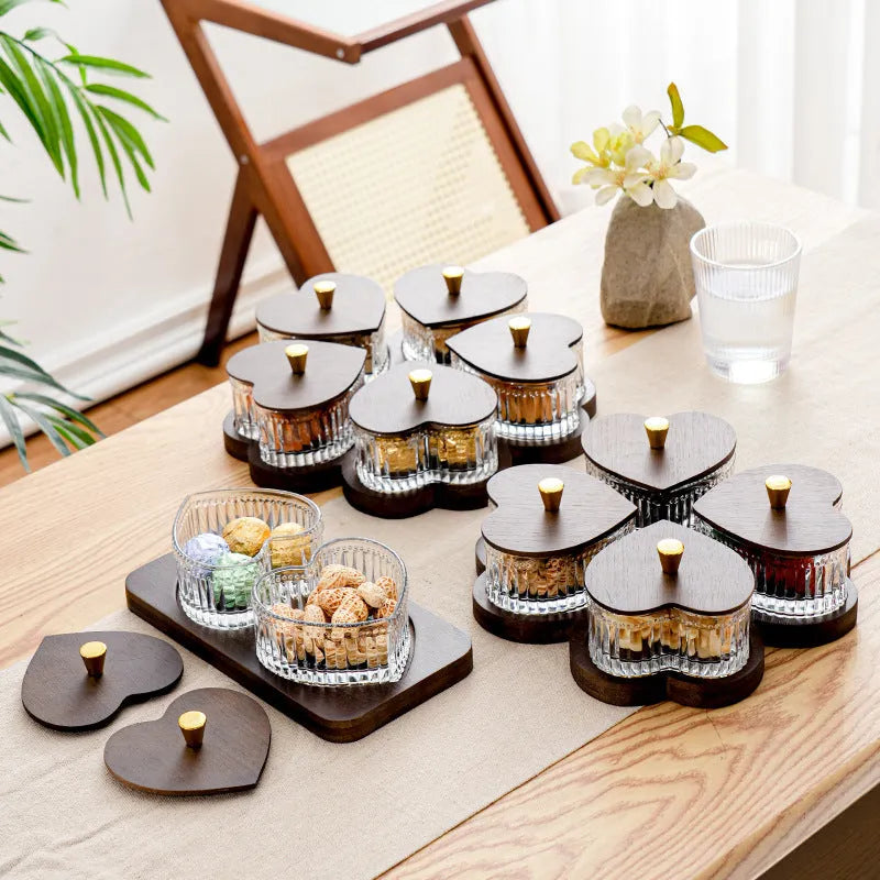 Glass dim sum plate with coloured glaze and transparent heart-shaped lids in multiple grid configurations