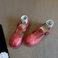 Women's retro round toe pumps in pink brush colour with low heel and buckle closure