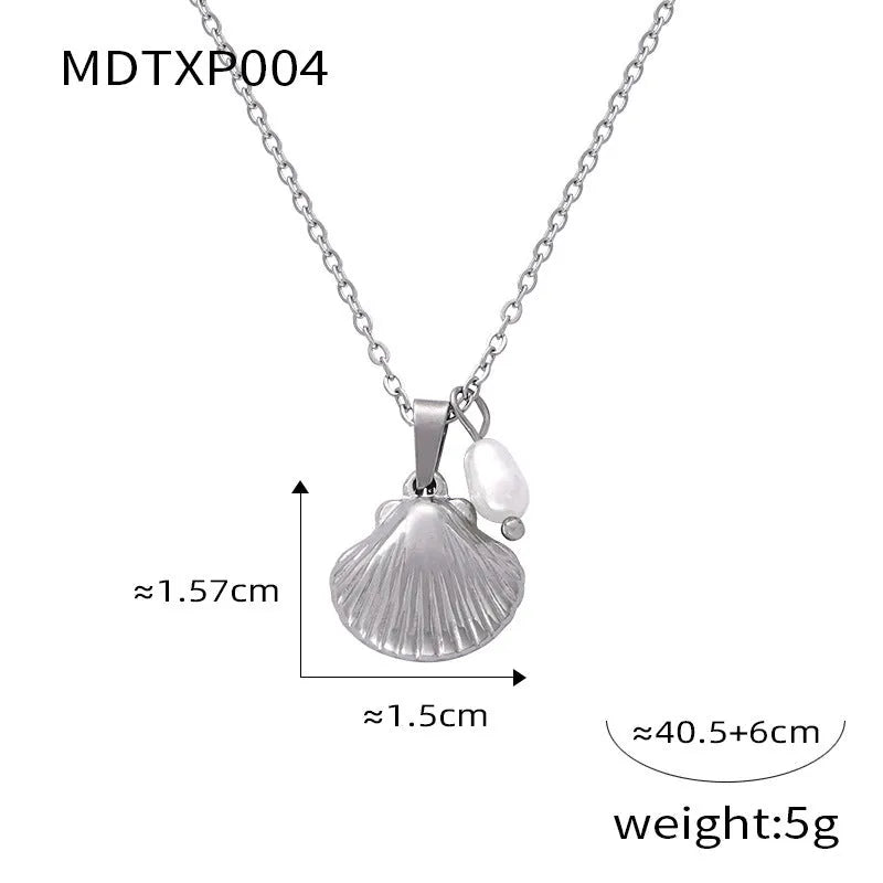 Gold titanium steel necklace with French vintage shell pendant and freshwater pearl beads on O-shaped chain