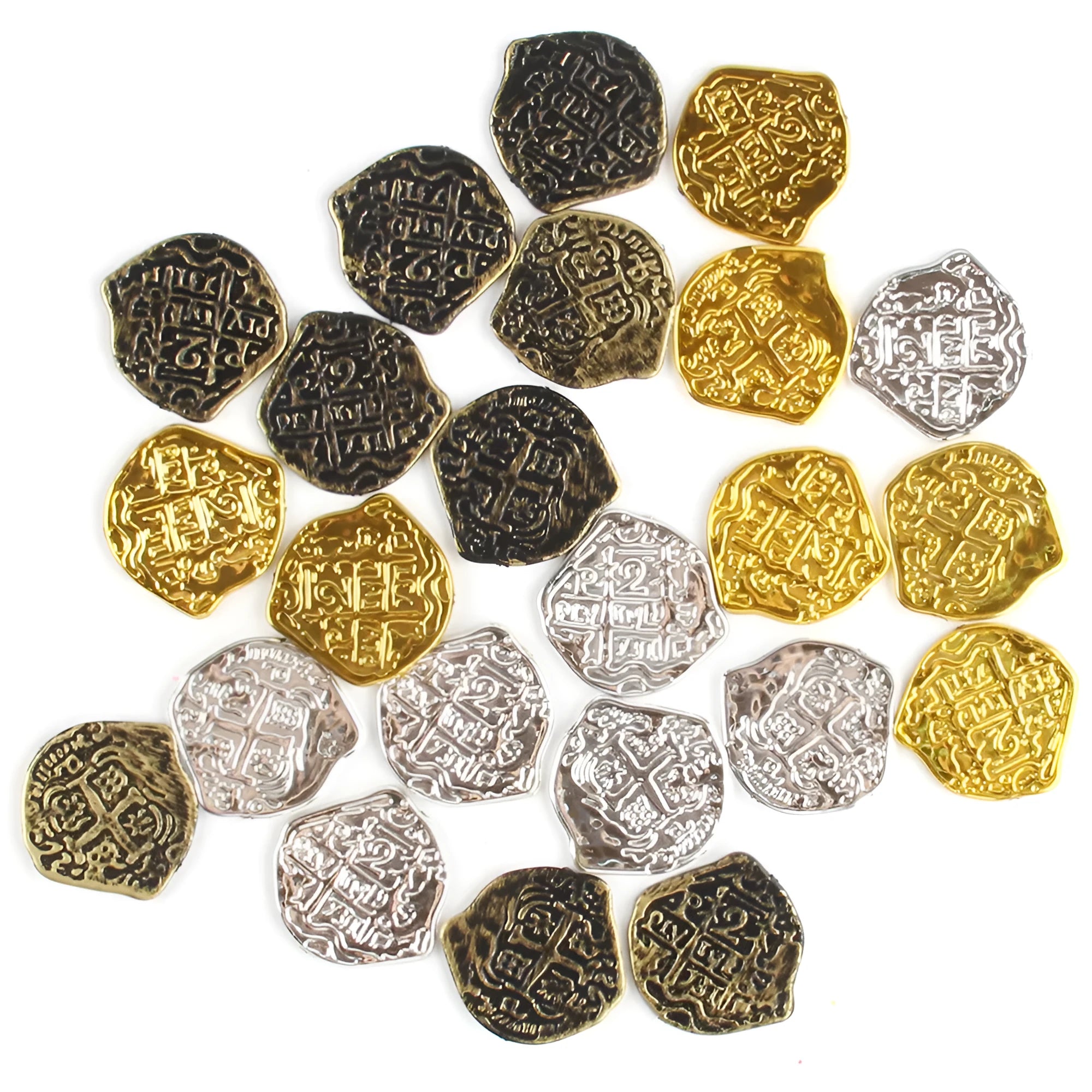 Plastic Roman coins bulk pack showing gold, silver, and bronze antique finishes.
