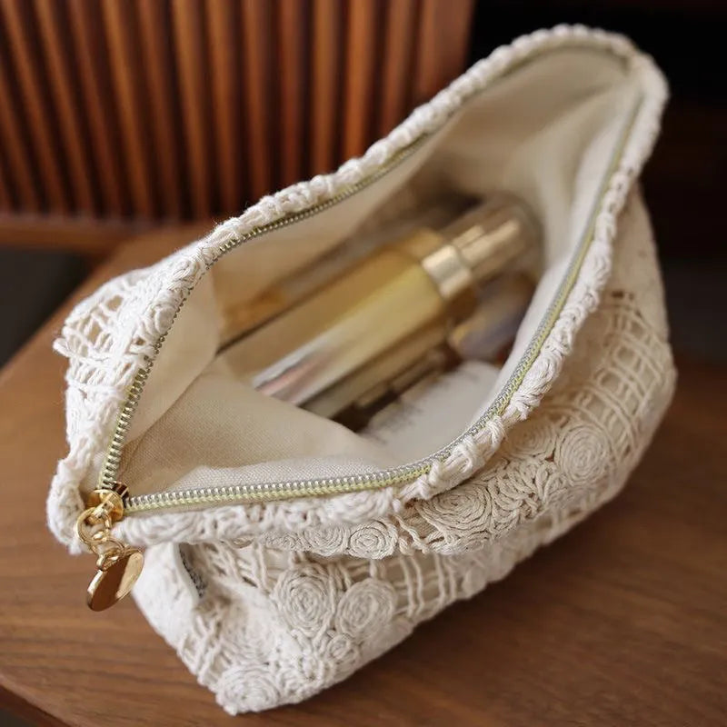 Handmade corduroy cosmetic bag with crocheted hollow flowers and ethnic embroidery in rope colour