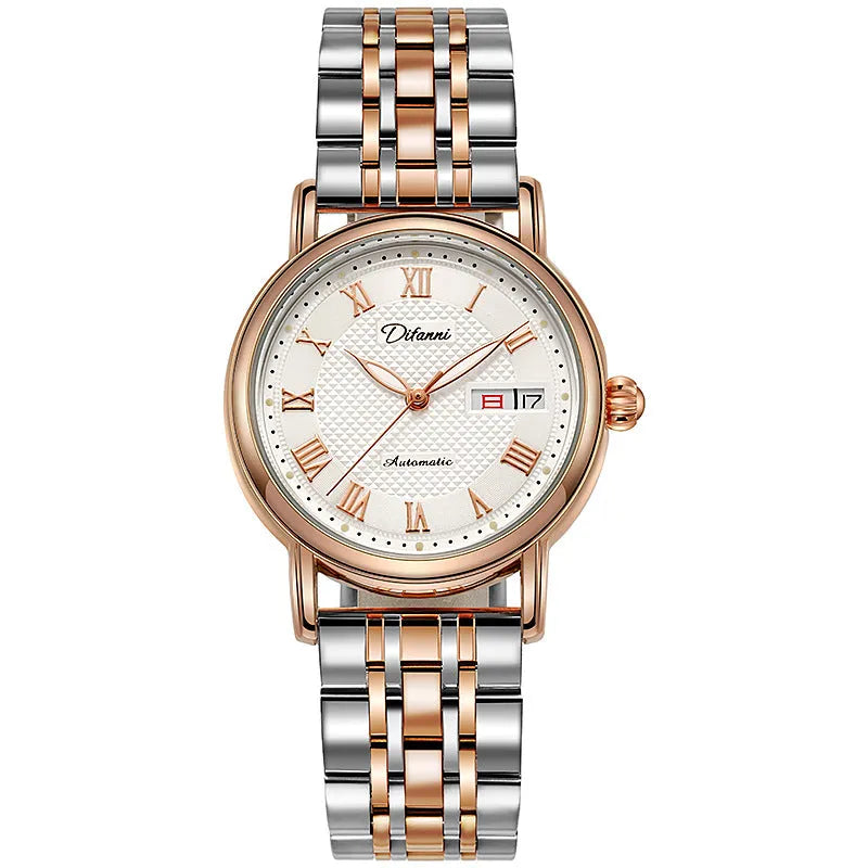 Women's automatic mechanical watch with 12mm thickness showing multiple strap and colour options