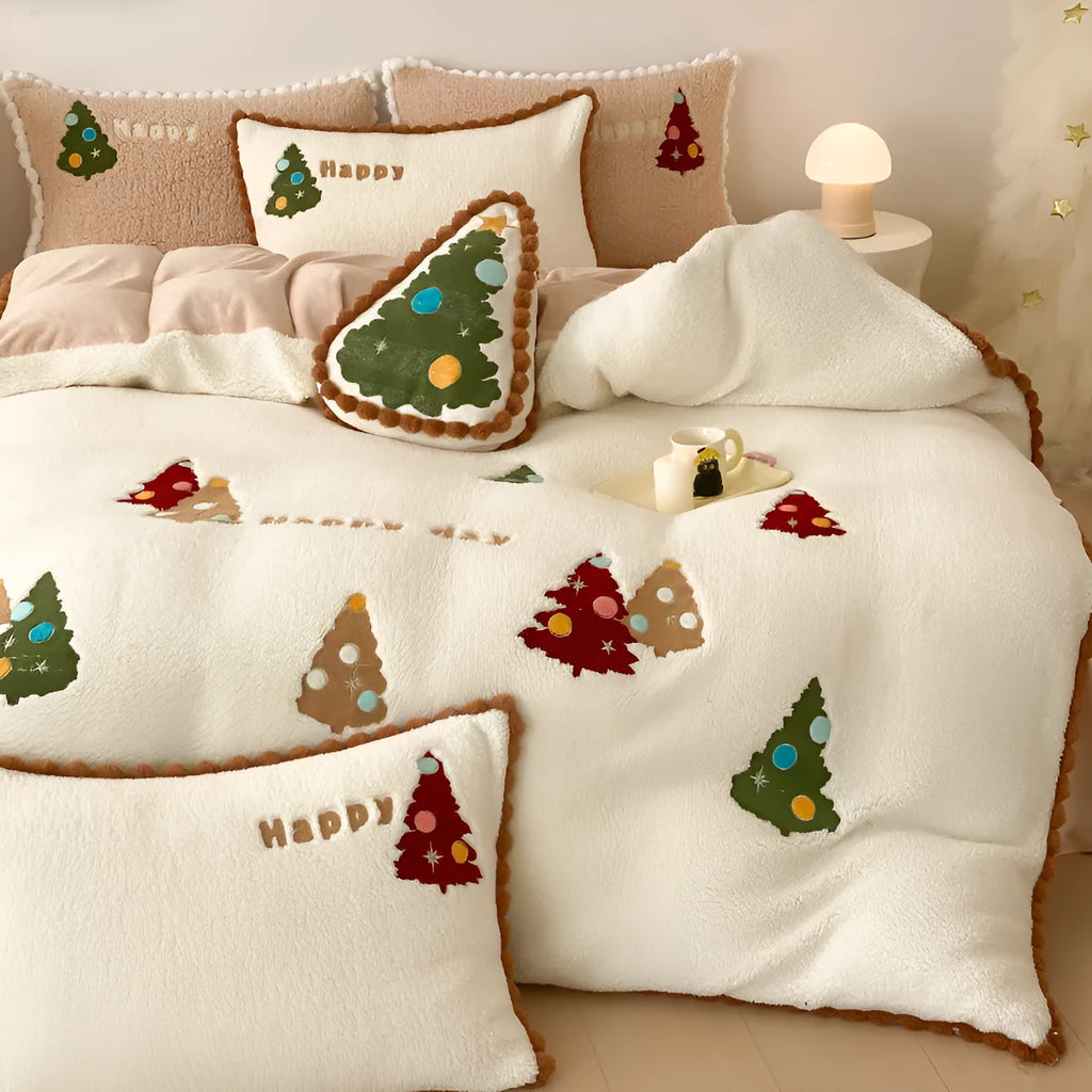Bright yellow fleece-lined bedding set with cartoon Christmas trees, showing quilt cover and pillowcases.