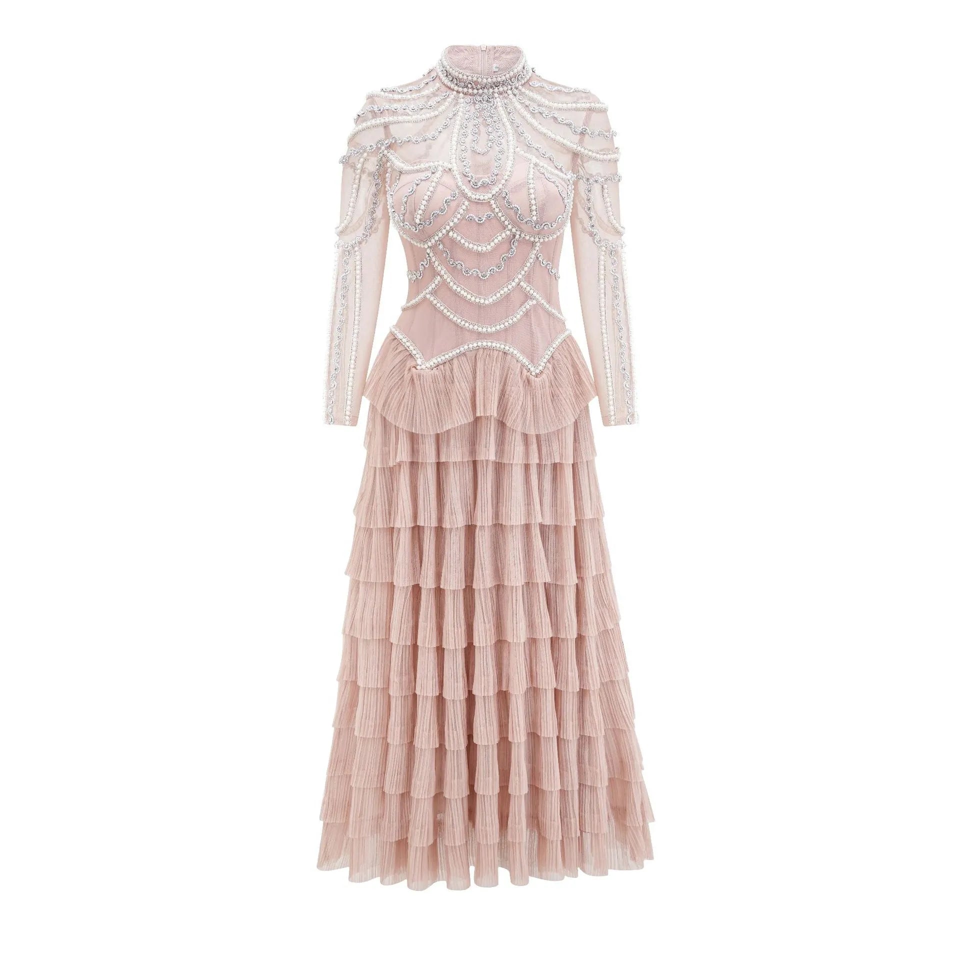 Women's black beaded long sleeve dress with three-dimensional decoration and mid-waist design