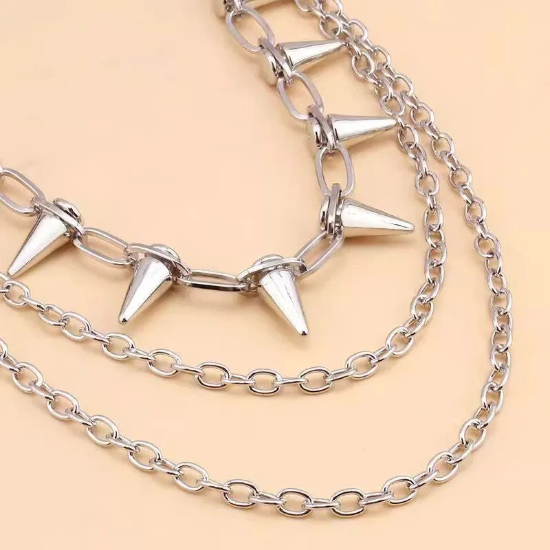 Silver double-layer metal trousers chain with adjustable zipper measuring 115cm length