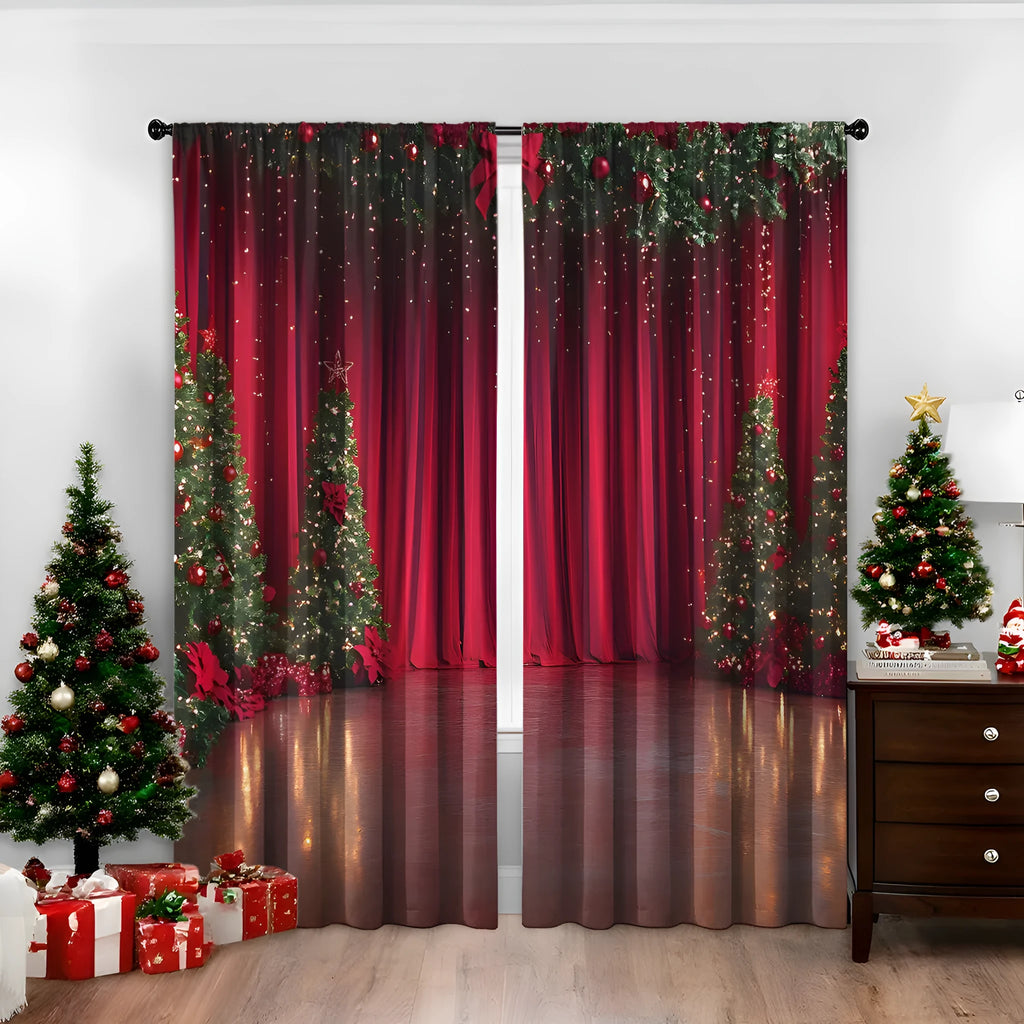Pair of 3D digitally printed Christmas curtains showing festive pattern with high sunshade functionality