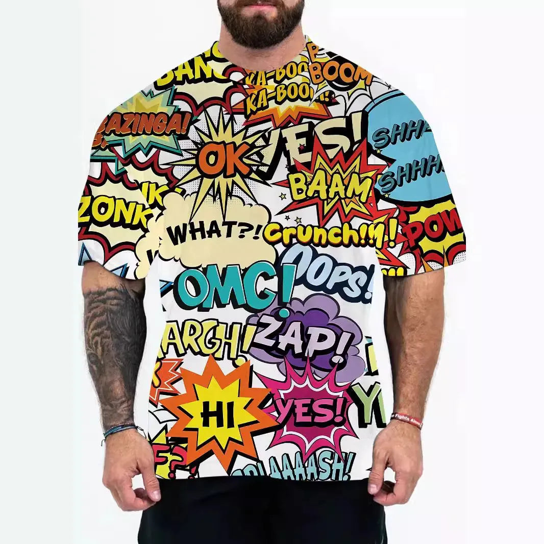 Men's loose fit short sleeve t-shirt with Coloured Letters design in chemical fibre blend, front view