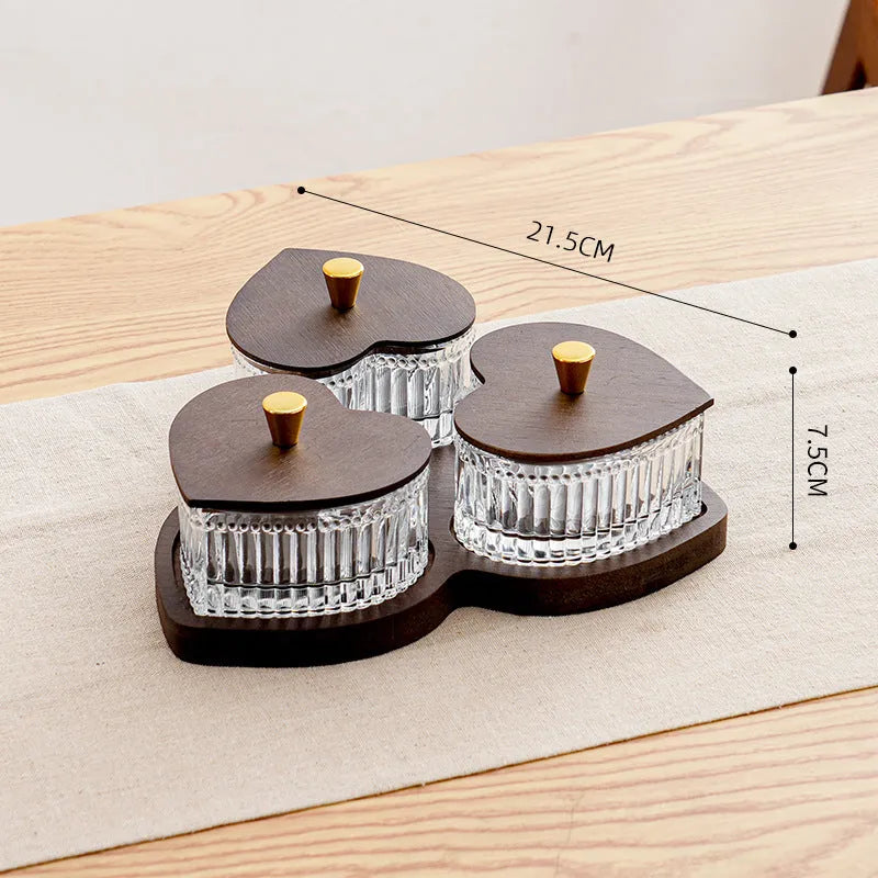 Glass dim sum plate with coloured glaze and transparent heart-shaped lids in multiple grid configurations