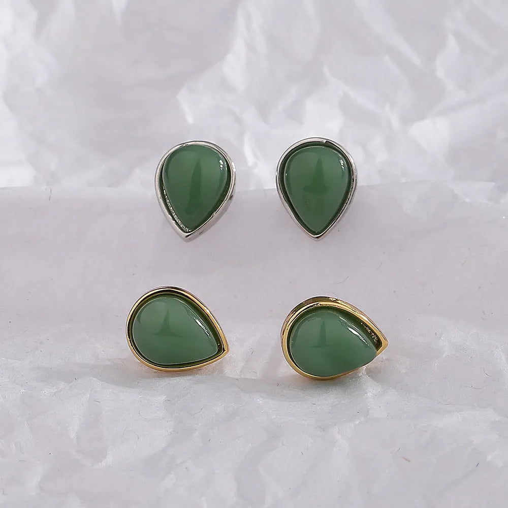 New Chinese style women's earrings copper water drop Hetian jade ear studs white gold finish