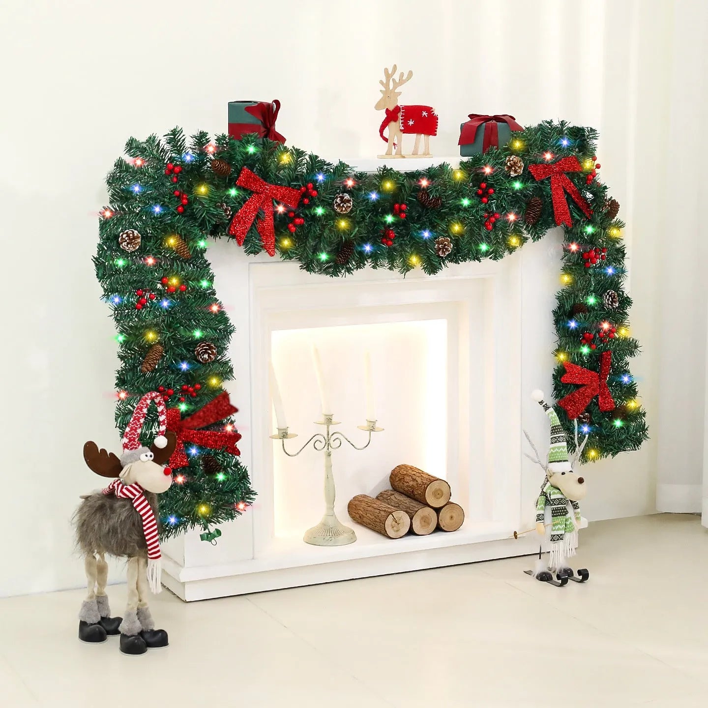Christmas rattan wreath decoration with pine cones and red bow on green background