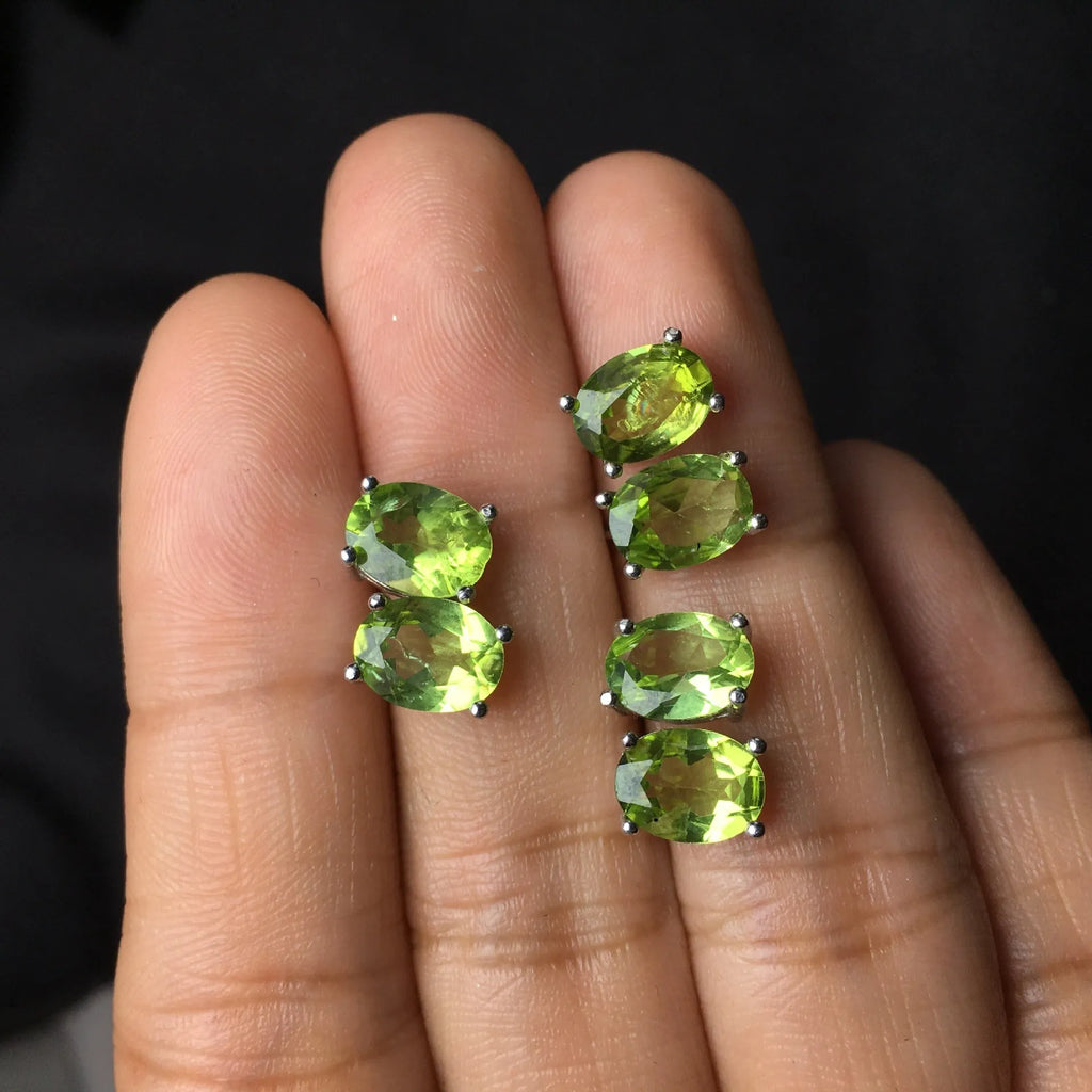 S925 sterling silver stud earrings with oval green olivine gemstone