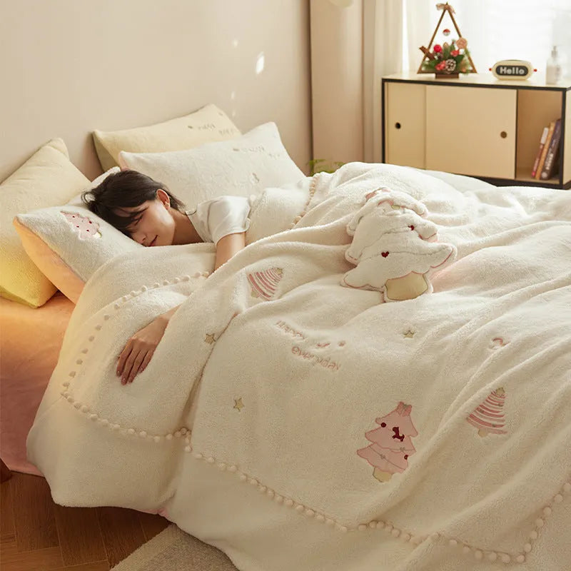 Milk fibre bedding four-piece set with green Christmas tree pattern showing quilt cover, sheet, and pillowcases