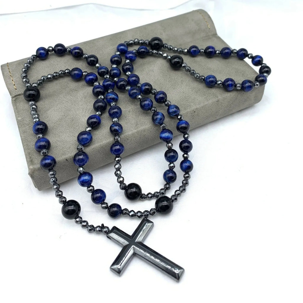 Hand-woven stone cross pendant necklace on 80cm ball bead chain, unisex geometric design