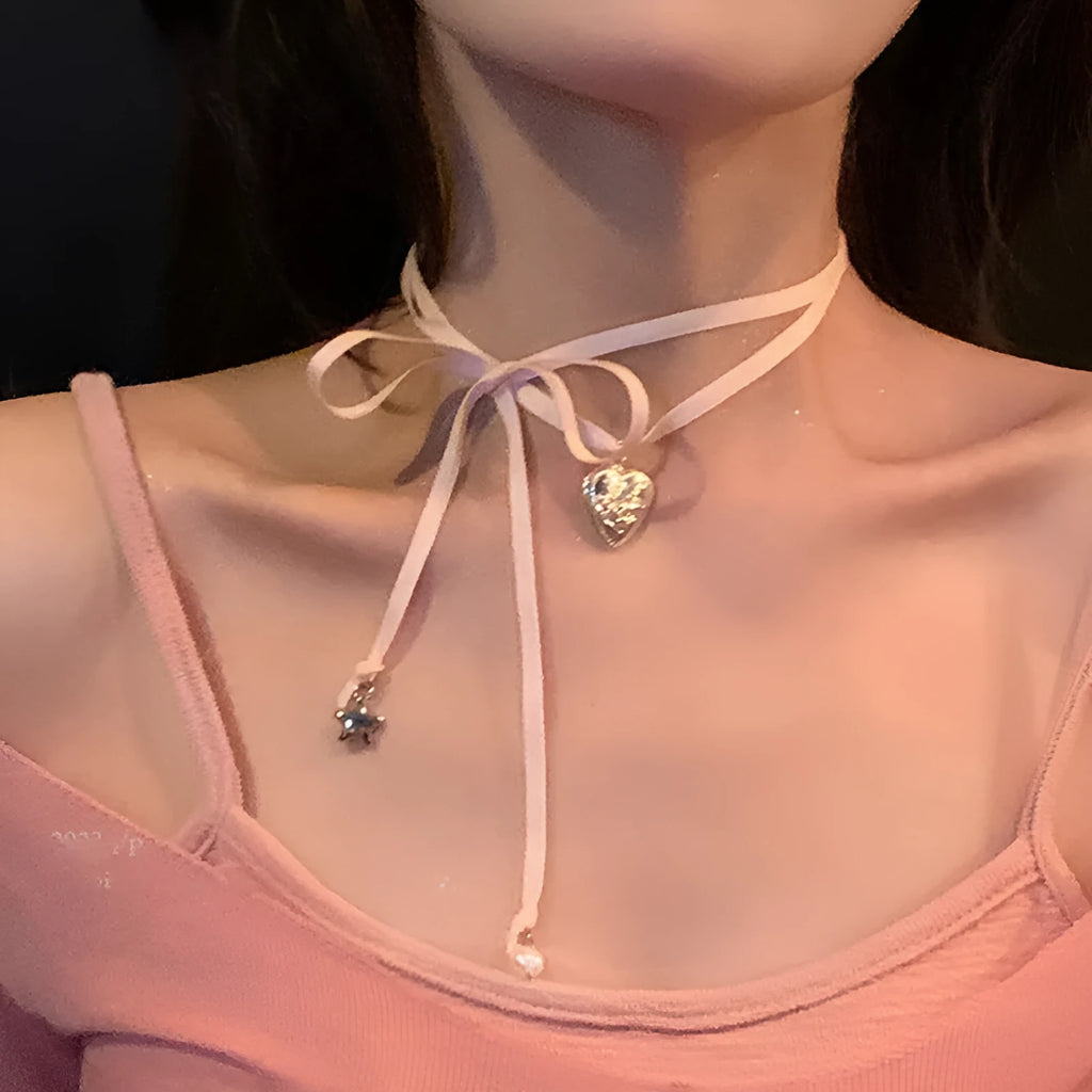 Women's electroplated alloy necklace with love pendant featuring ribbon design on clavicle chain