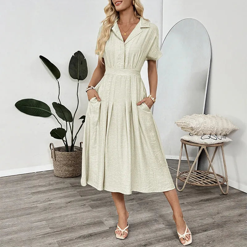 Lapel waist tight pocket shirt dress in light green twill polyester spliced basic style front view
