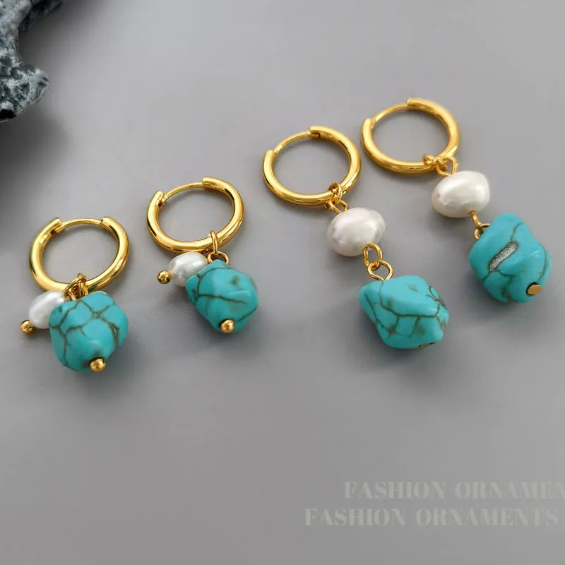 Geometric copper ear clips with irregular turquoise and cultured pearls in short and long lengths
