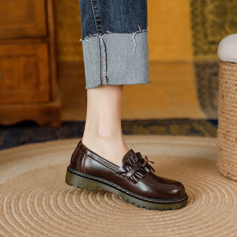 British style women's leather shoes with round toe and chunky heel in black and brown options