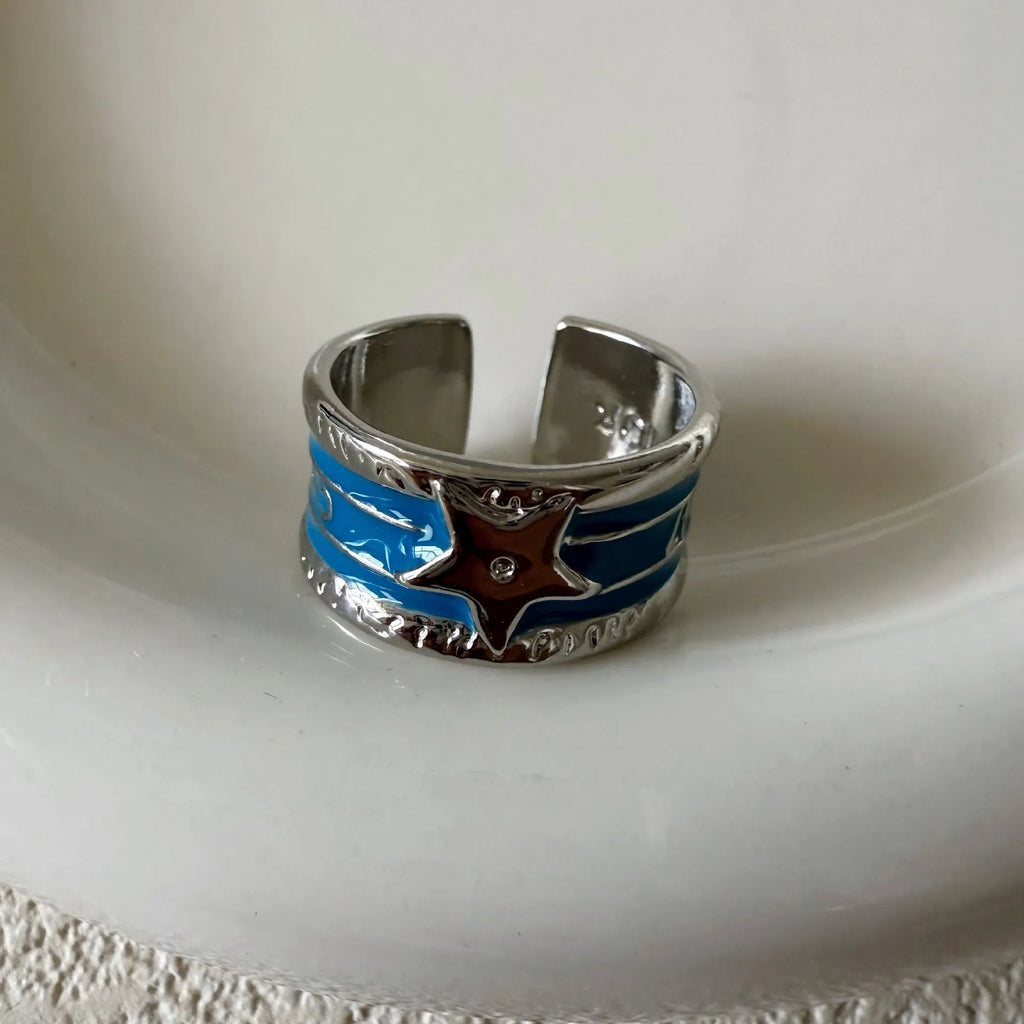 XINGX adjustable copper ring with distressed oil drop pattern and geometric lines in retro ins style