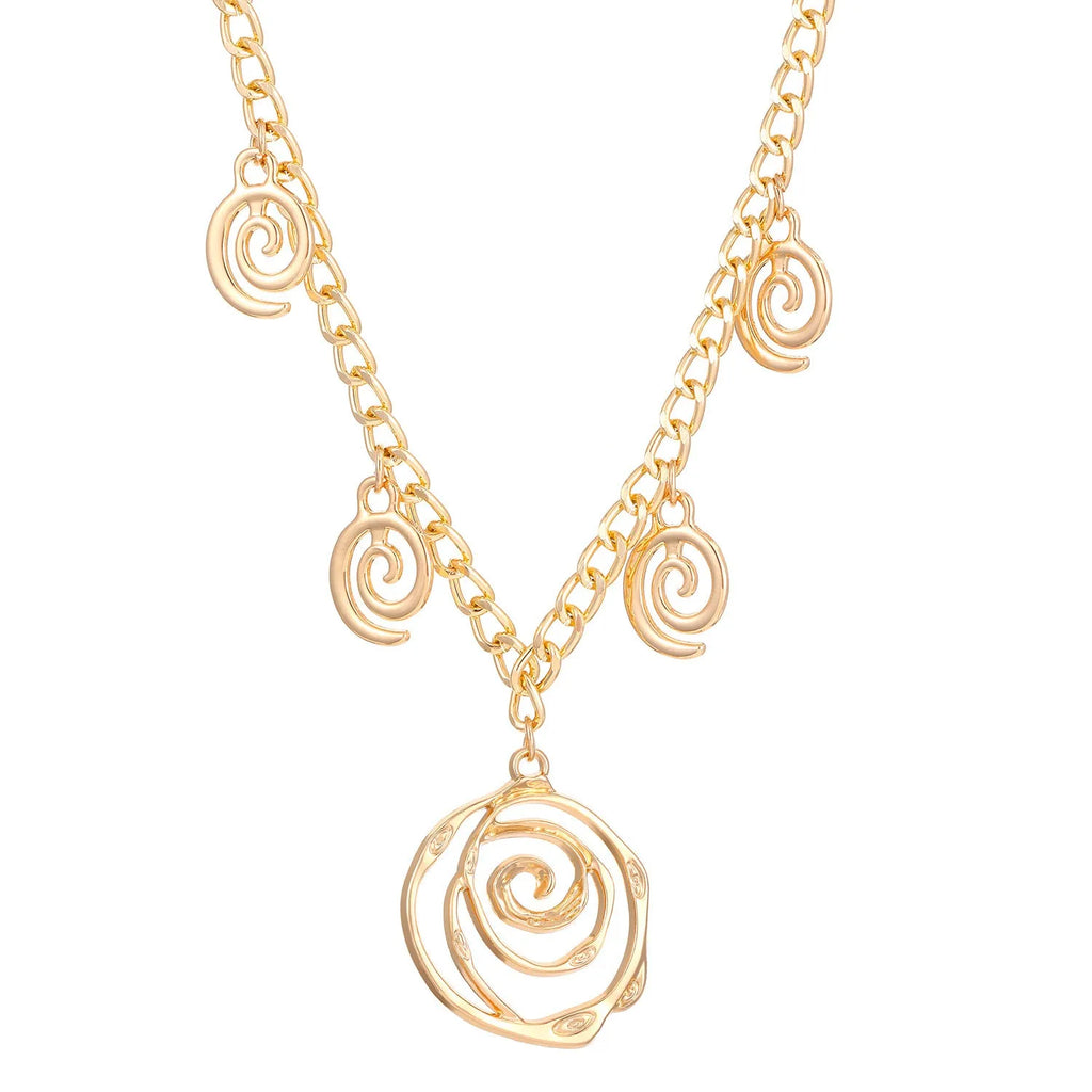 Gold spiral donut necklace, bracelet, and ear hooks set for women on a plain background.