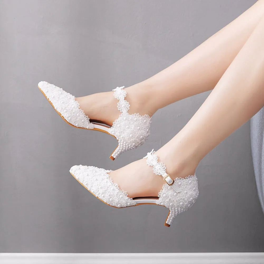 Pointed toe low heel sandals for women, white artificial PU with 5.5cm stiletto heel and 0.5cm waterproof platform