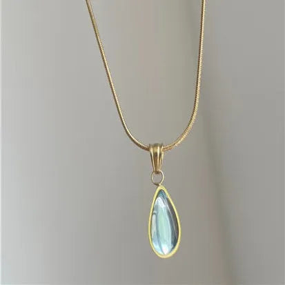 Retro water drop necklace in blue or green on titanium steel snake bones chain for women