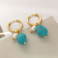 Geometric copper ear clips with irregular turquoise and cultured pearls in short and long lengths