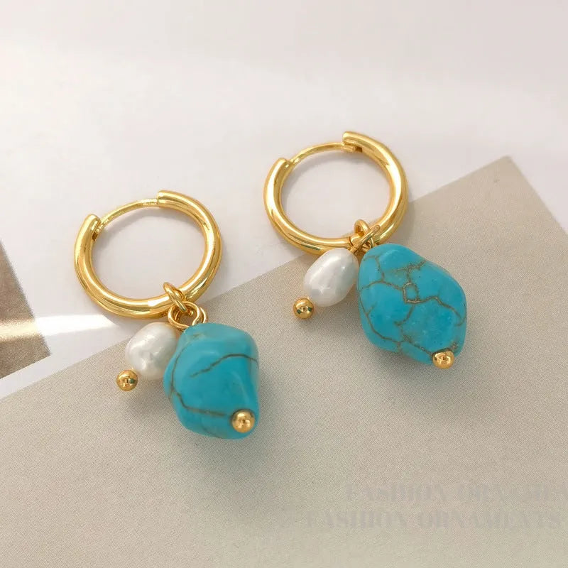 Geometric copper ear clips with irregular turquoise and cultured pearls in short and long lengths