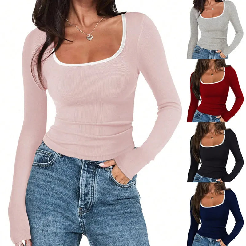 Women's square collar slim-fit cotton top in a solid colour on a hanger.