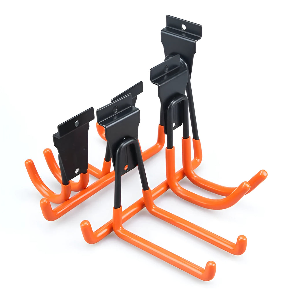 Carbon steel wire-wrap board storage rack with fixed hooks in bright orange finish on wall holding tools