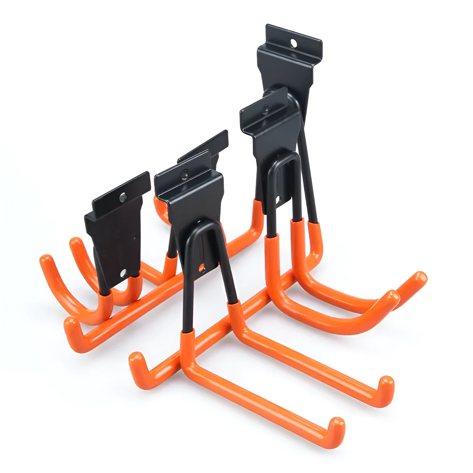 Carbon steel wire-wrap board storage rack with fixed hooks in bright orange finish on wall holding tools