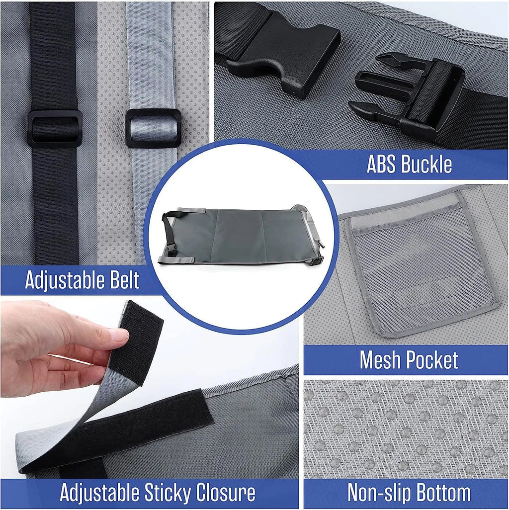 Portable grey nylon children's aircraft pedal seat extender with drawstring pocket, shown folded.