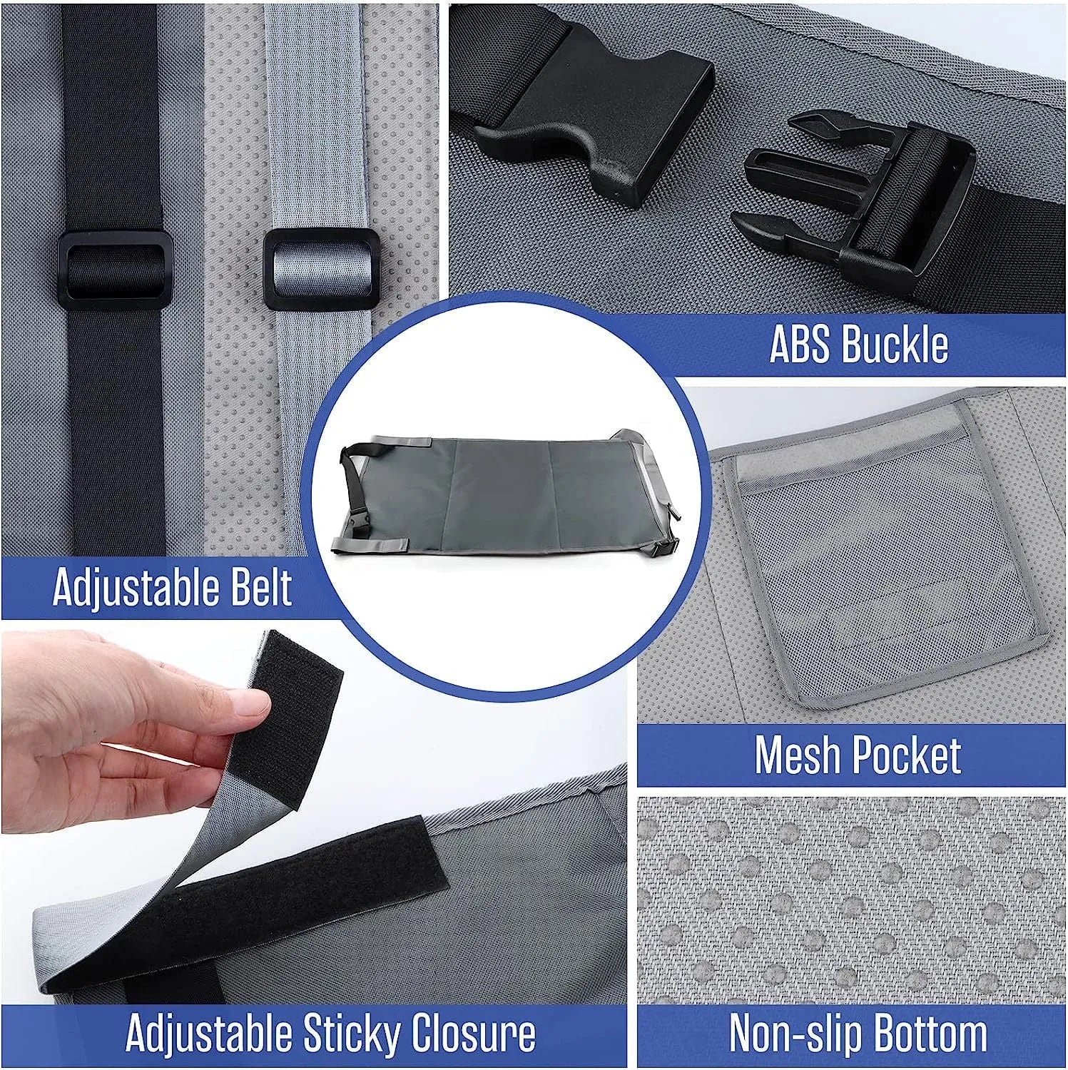 Portable grey nylon children's aircraft pedal seat extender with drawstring pocket, shown folded.