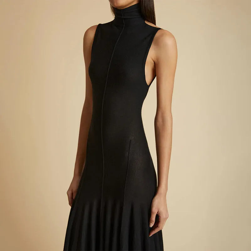 Grey women's slim-fit cotton dress with half turtleneck and backless design