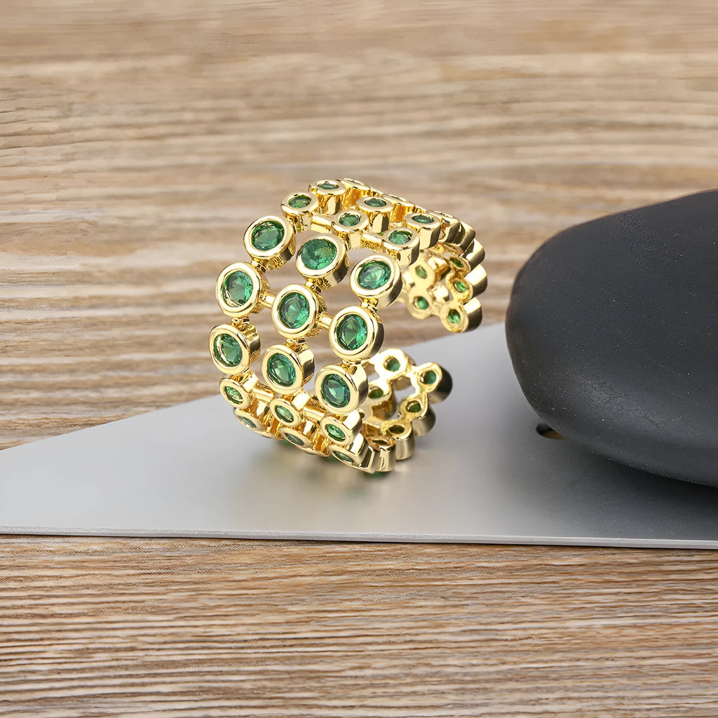 Wide band gold plated copper ring with green zircon stones, unisex jewellery accessory