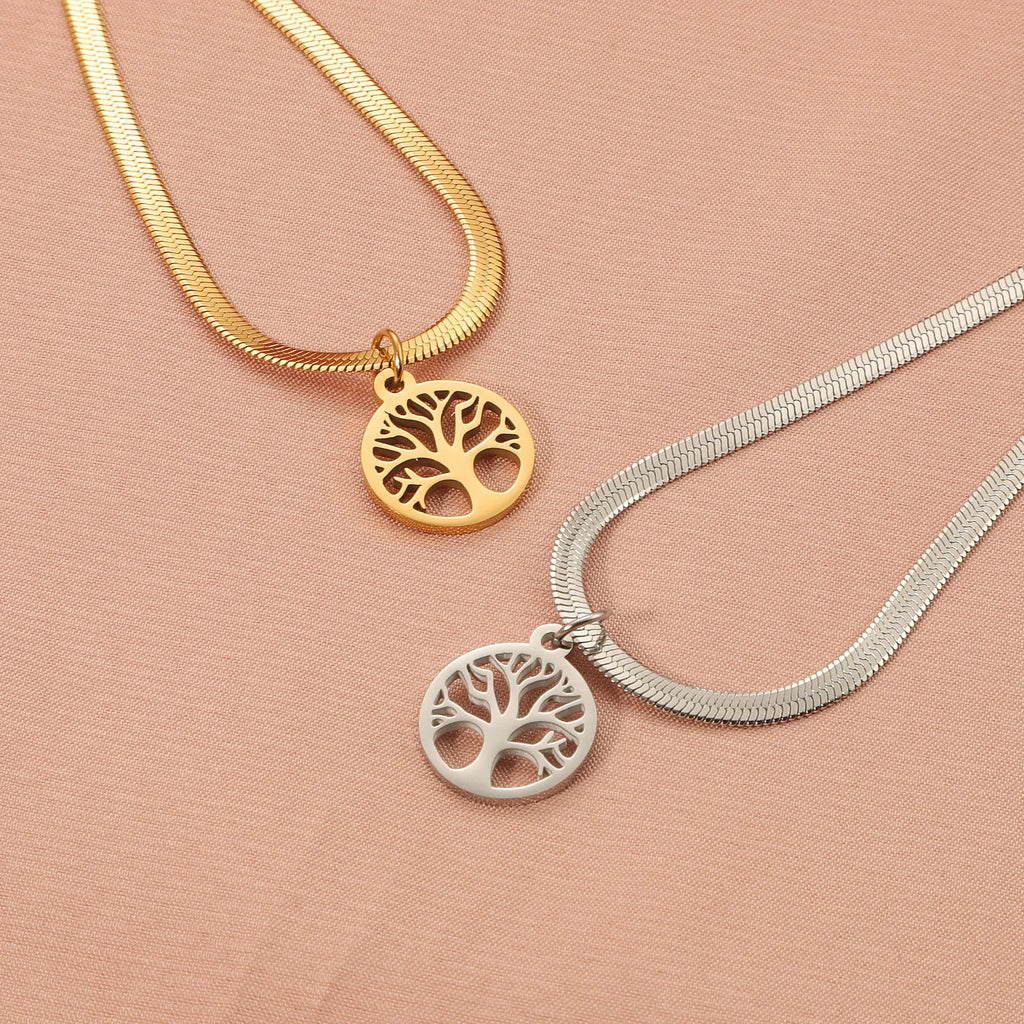 Stainless steel necklace with tree pendant on adjustable snake chain in gold colour