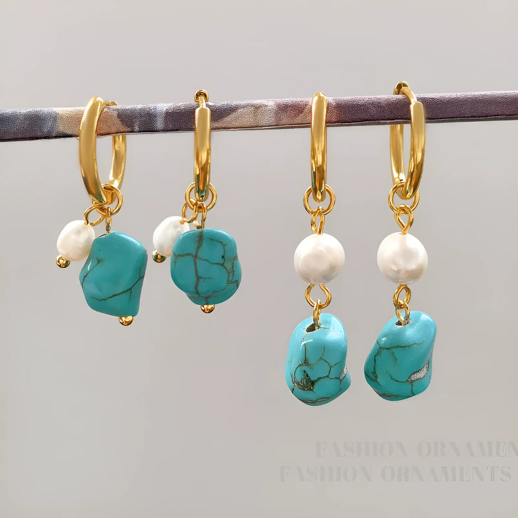 Geometric copper ear clips with irregular turquoise and cultured pearls in short and long lengths