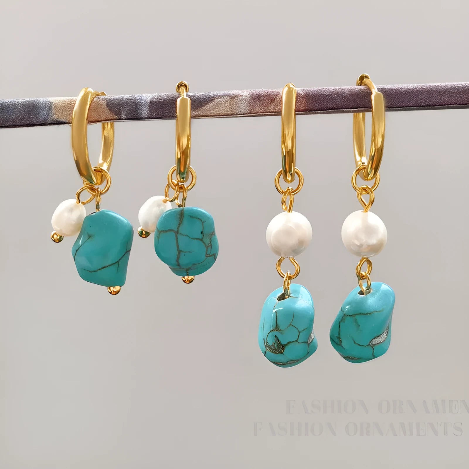 Geometric copper ear clips with irregular turquoise and cultured pearls in short and long lengths