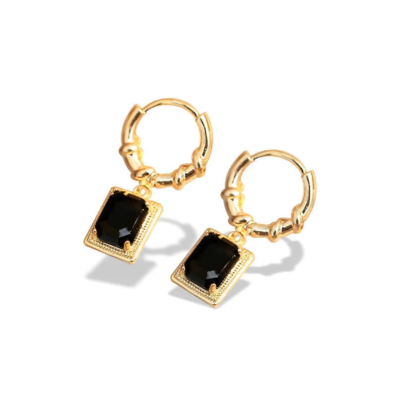 Geometric quadrilateral copper earrings with black zircon detail in French court retro style