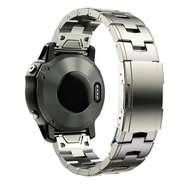 Garmin Jiaming Fenix watch replacement strap in silver, black, titanium colours showing 22mm and 26mm width options