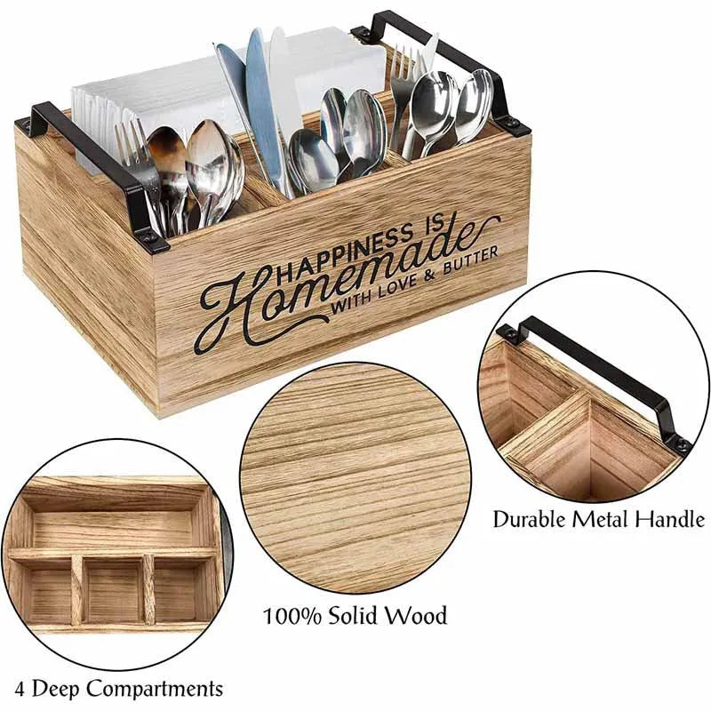 Wooden kitchen storage box with grid compartments for tableware organisation