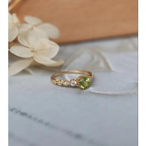 Japanese style copper ring with quadrilateral geometric design and imitation peridot centrepiece