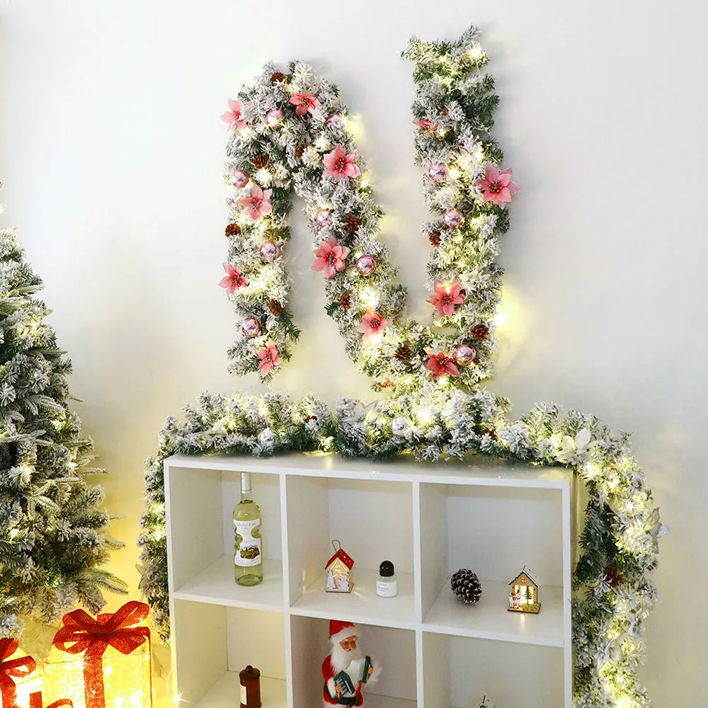 240cm flocked PVC Christmas rattan garland in green with snowy texture