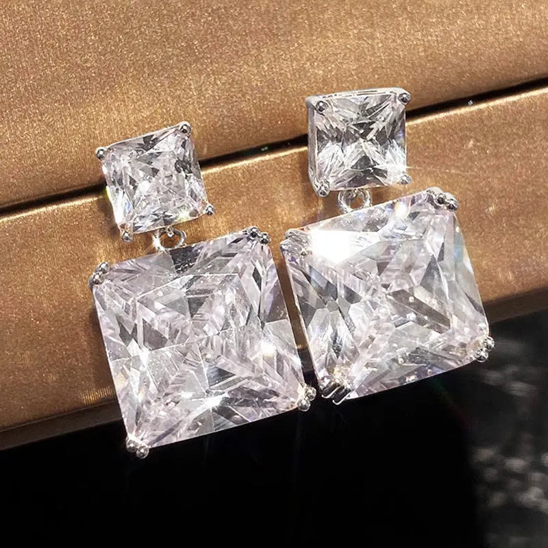 Geometric square copper earrings with quadrilateral ornament in white gold or gold colour finish