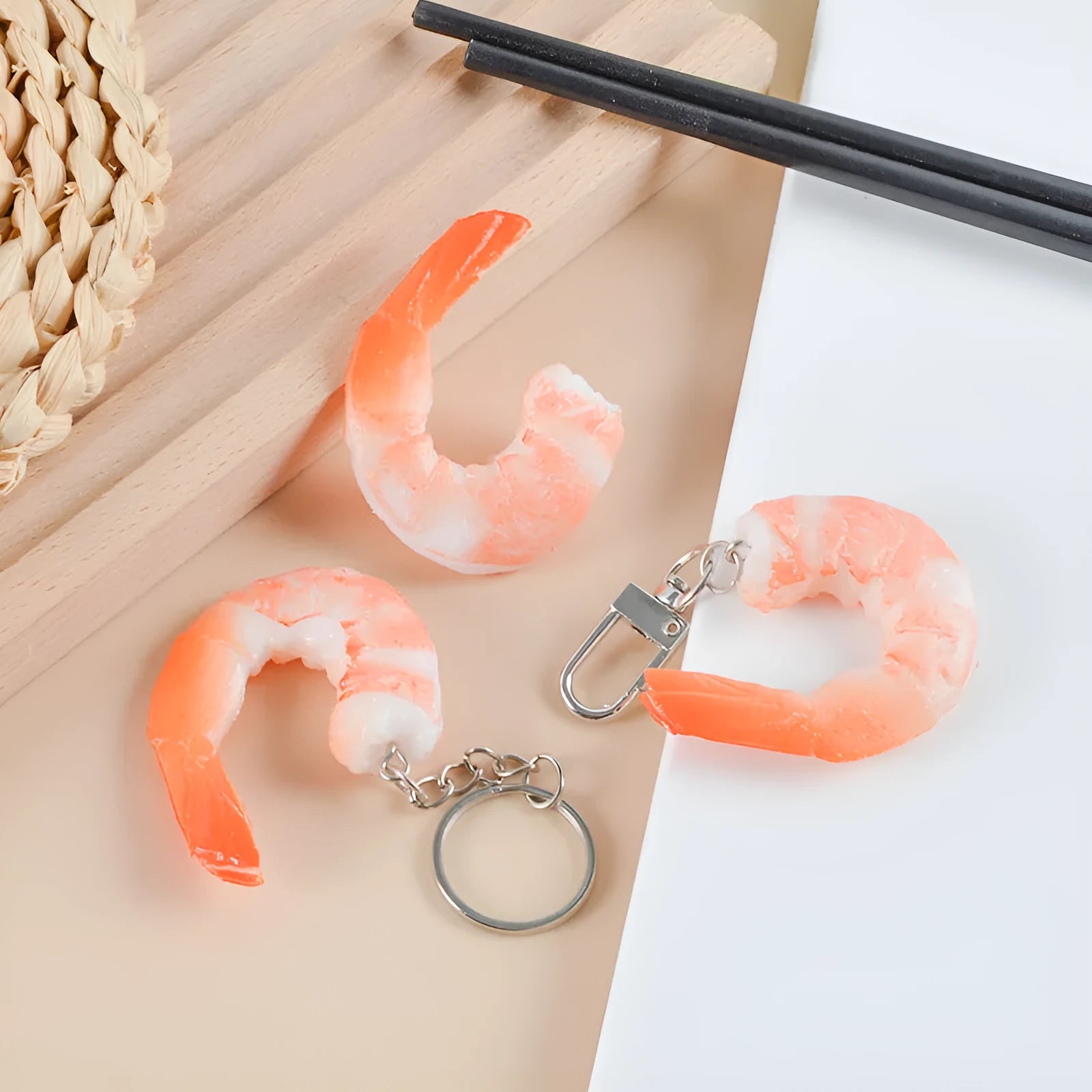 PVC simulation seafood shrimp keychain with 1.5cm thickness on white background