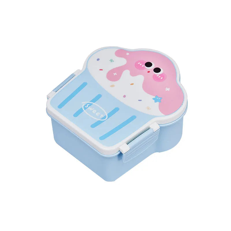 Pink and blue creative ice cream shaped plastic lunch box with spoon and fork set on a table.