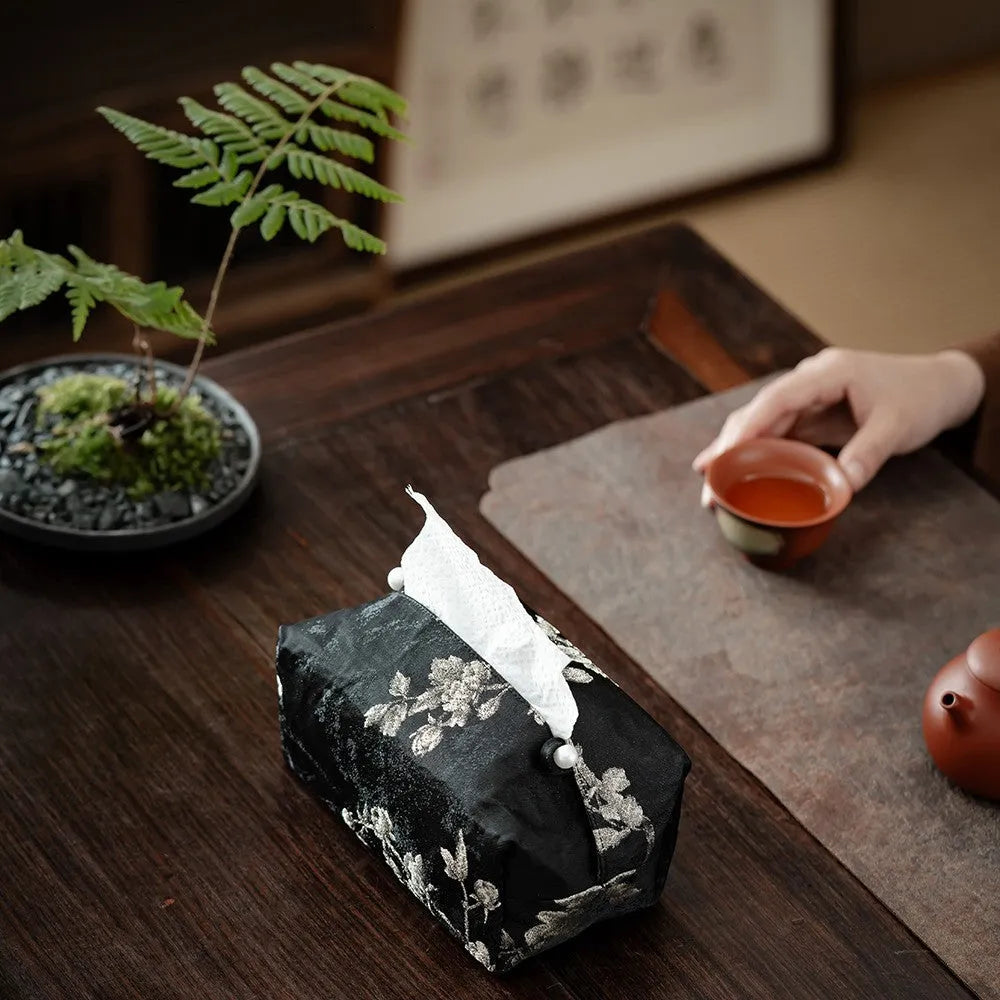 New Chinese style brocade fabric tissue box with embroidery white plum pattern