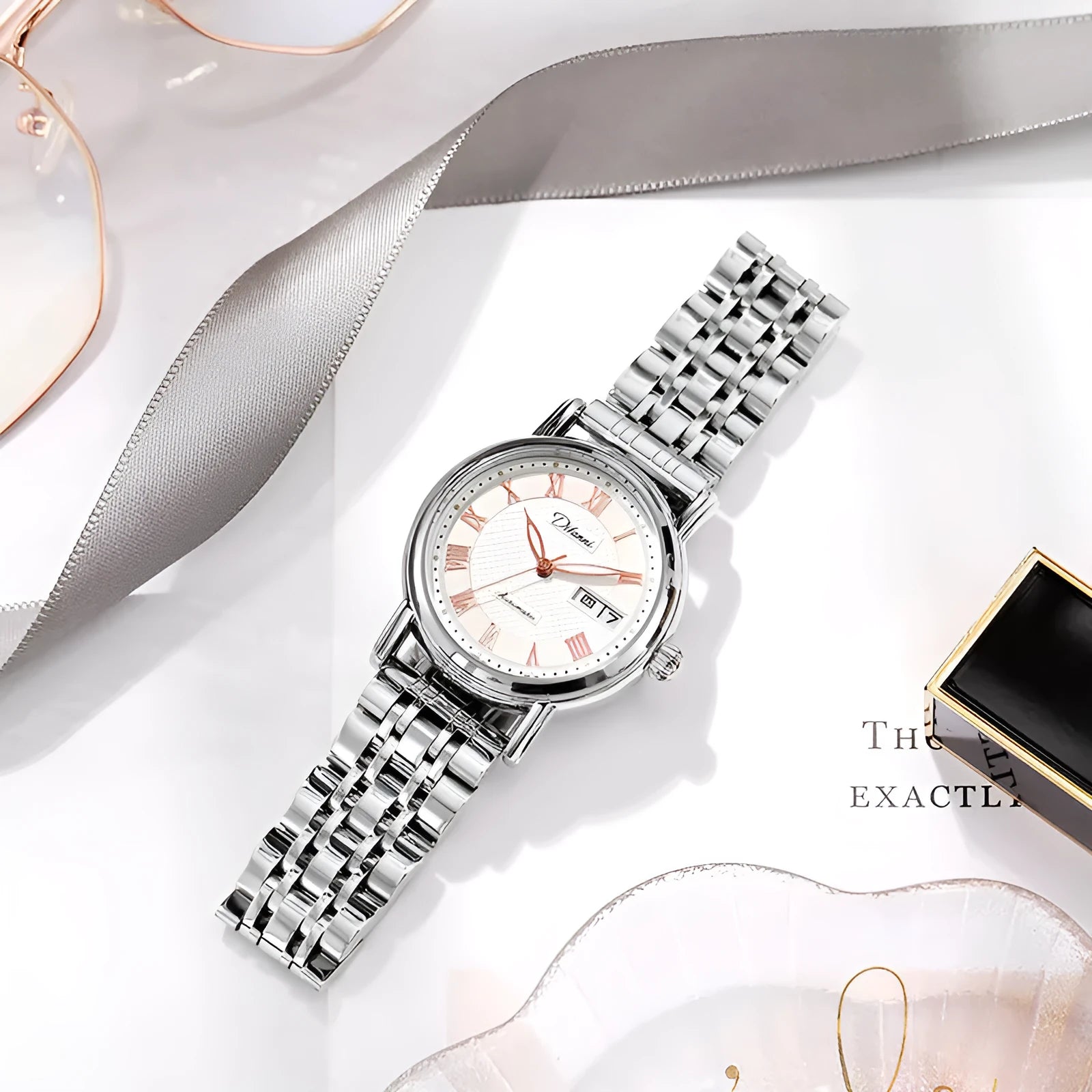 Women's automatic mechanical watch with 12mm thickness showing multiple strap and colour options